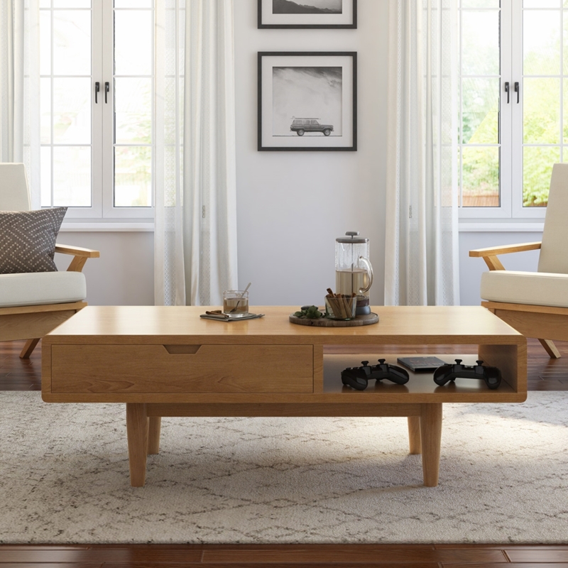Coffee Table Rectangular Wood With Recessed Drawer Pull Storage