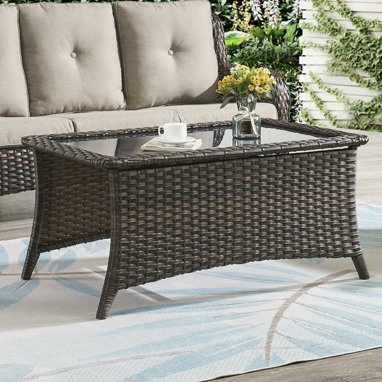 Coffee Table Rectangular Woven Rattan Glass Insert Tapered Legs Brown