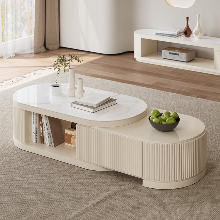 Coffee Table Ribbed Cream Base Stone Oval Top Storage