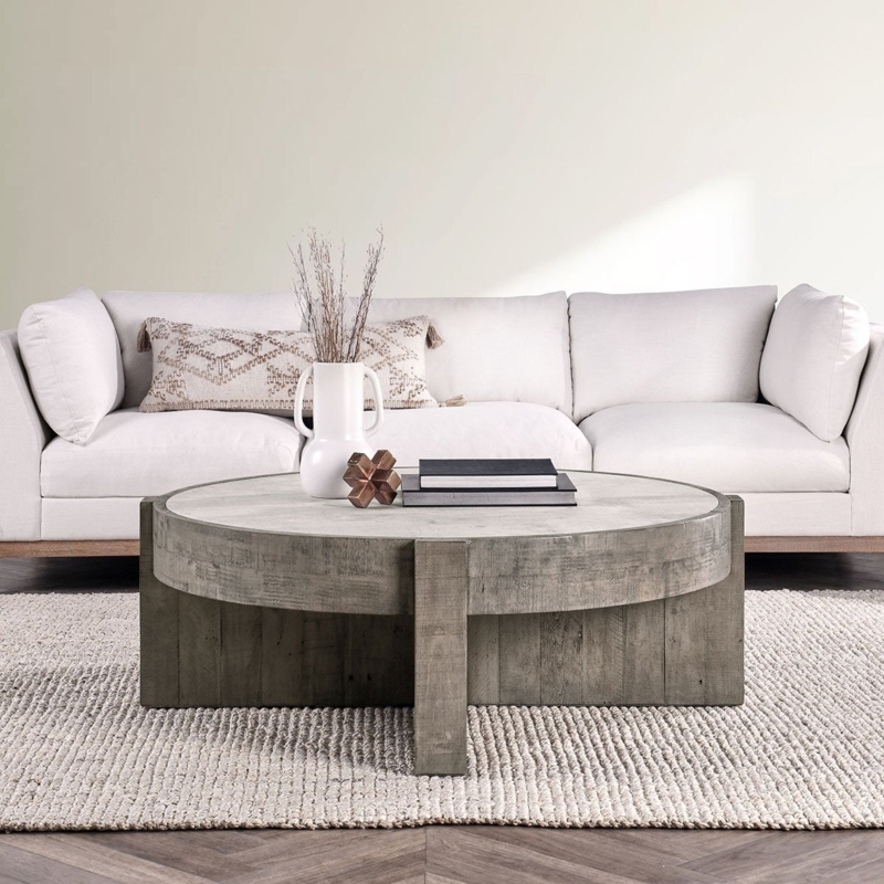 Coffee Table Round 52 Inch Architectural Cross Base Distressed Gray