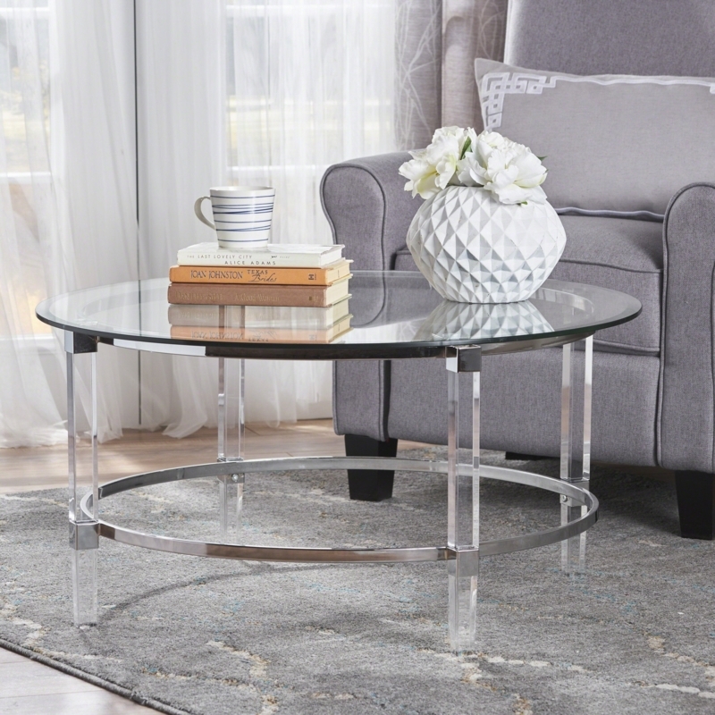 Coffee Table Round Acrylic Legs Polished Silver Metal