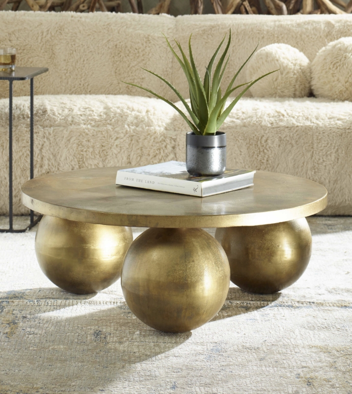 Coffee Table Round Antique Gold Finish Spherical Legs Tripod Base