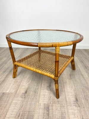 Coffee Table Round Bamboo Frame Textured Glass Top Woven Lower Shelf