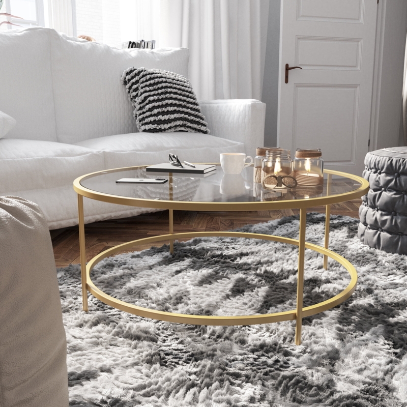 Coffee Table Round Clear Glass Top Brushed Gold Frame Glam
