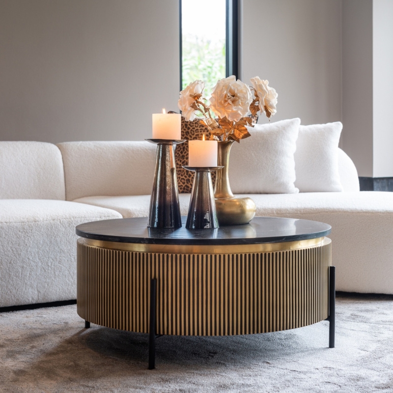 Coffee Table Round Drum Black Stone Top Ribbed Brass Toned Base
