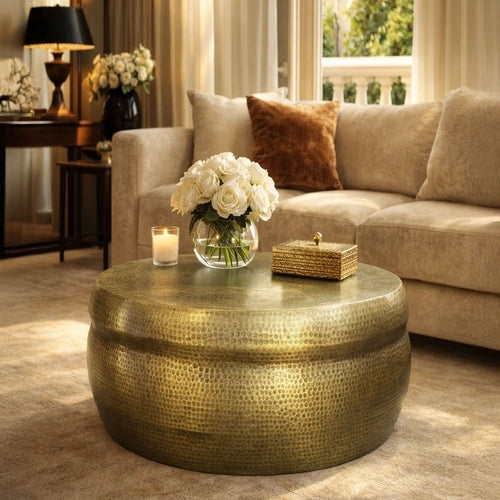 Coffee Table Round Drum Hammered Brass Embossed