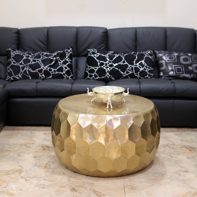 Coffee Table Round Drum Polished Metallic Faceted Hexagonal Sides