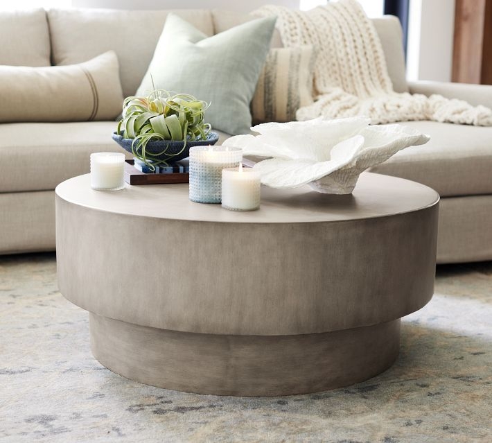 Coffee Table Round Drum Silhouette Stone Like Finish Stepped Base