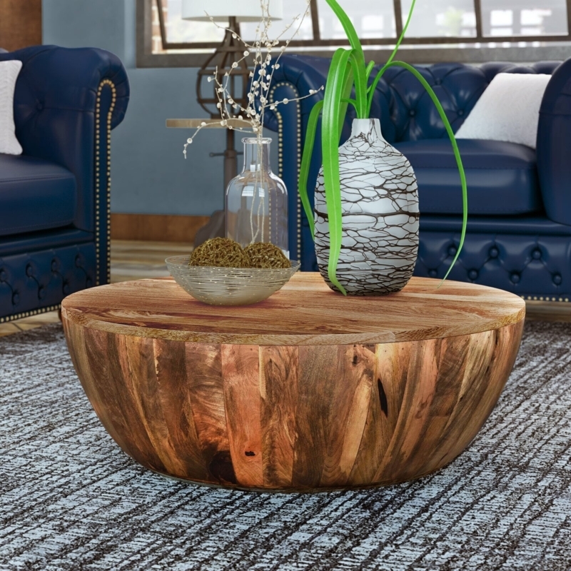 Coffee Table Round Geometric Carving Pedestal Walnut