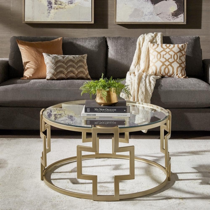Coffee Table Round Glass Geometric Base Matte Gold Finish