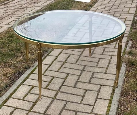 Coffee Table Round Glass Top Brass Tapered Legs Mid-Century