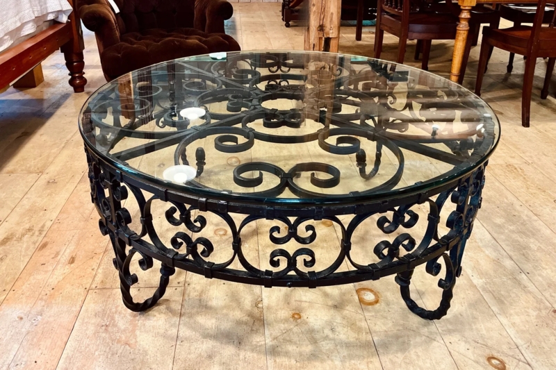 Coffee Table Round Glass Top Intricate Scrollwork Base Traditional