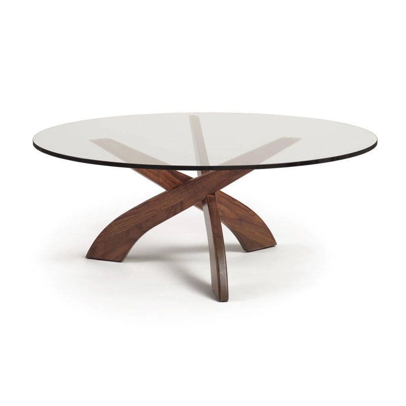 Coffee Table Round Glass Top Sculptural Interlocking Wood Base