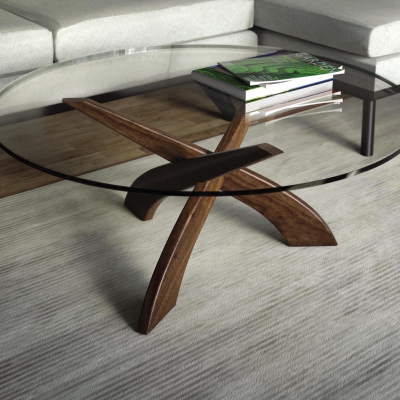 Coffee Table Round Glass Top Sculptural Walnut Mid-Century