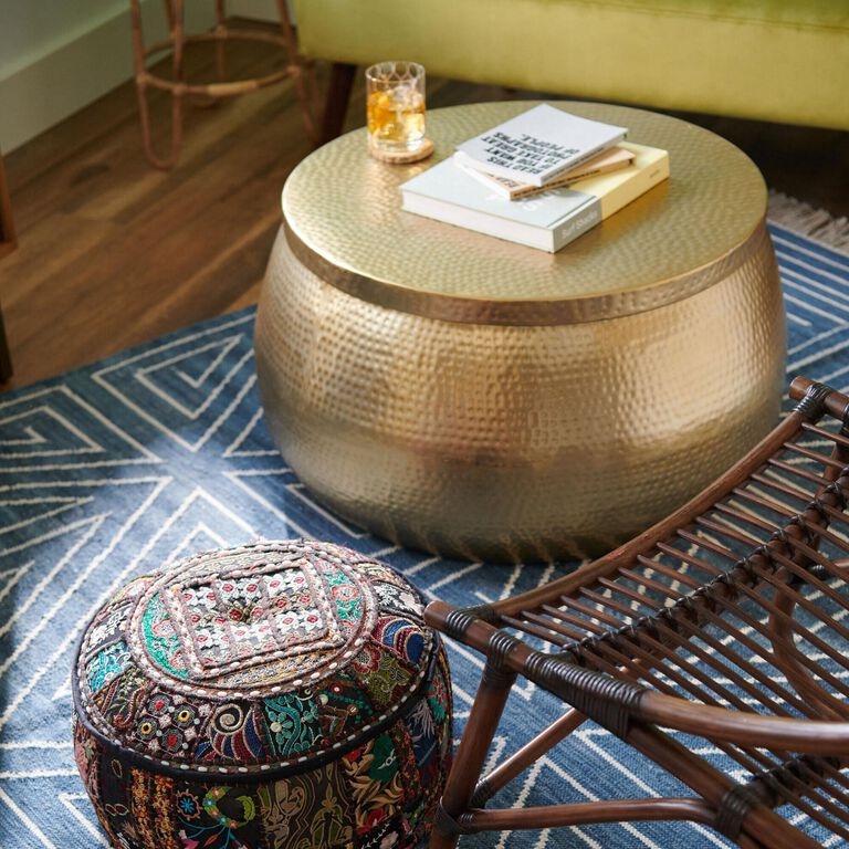 Coffee Table Round Gold Hammered Metal Drum with Internal Storage