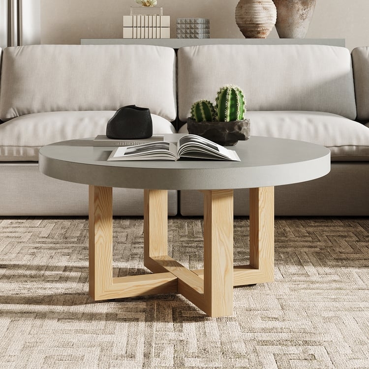 Coffee Table Round Gray Concrete Look Top Light Wood X-Frame Base