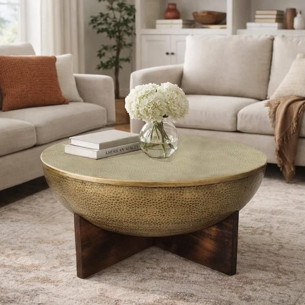 Coffee Table Round Hammered Brass Bowl Wood X-Base