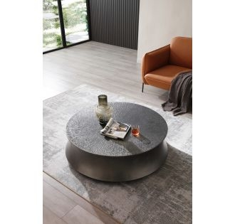 Coffee Table Round Hammered Texture Low Profile Drum Metallic Look