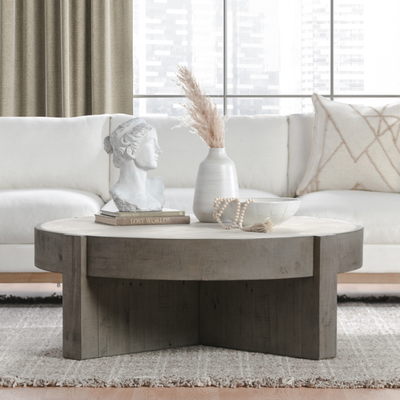 Coffee Table Round Large Distressed Gray Chunky Cross Base Rustic
