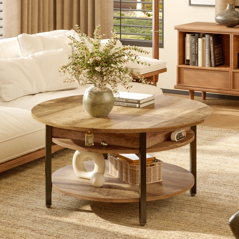Coffee Table Round Lift Top 3 Tier Storage Industrial Style Wood