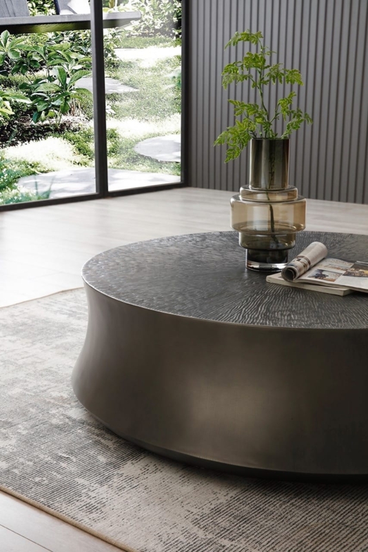 Coffee Table Round Low Profile Drum Radial Textured Top Metallic