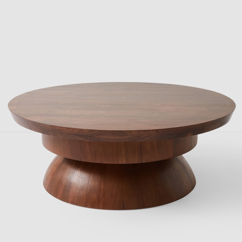 Coffee Table Round Low Profile with Cylindrical Legs, Light Brown Wood