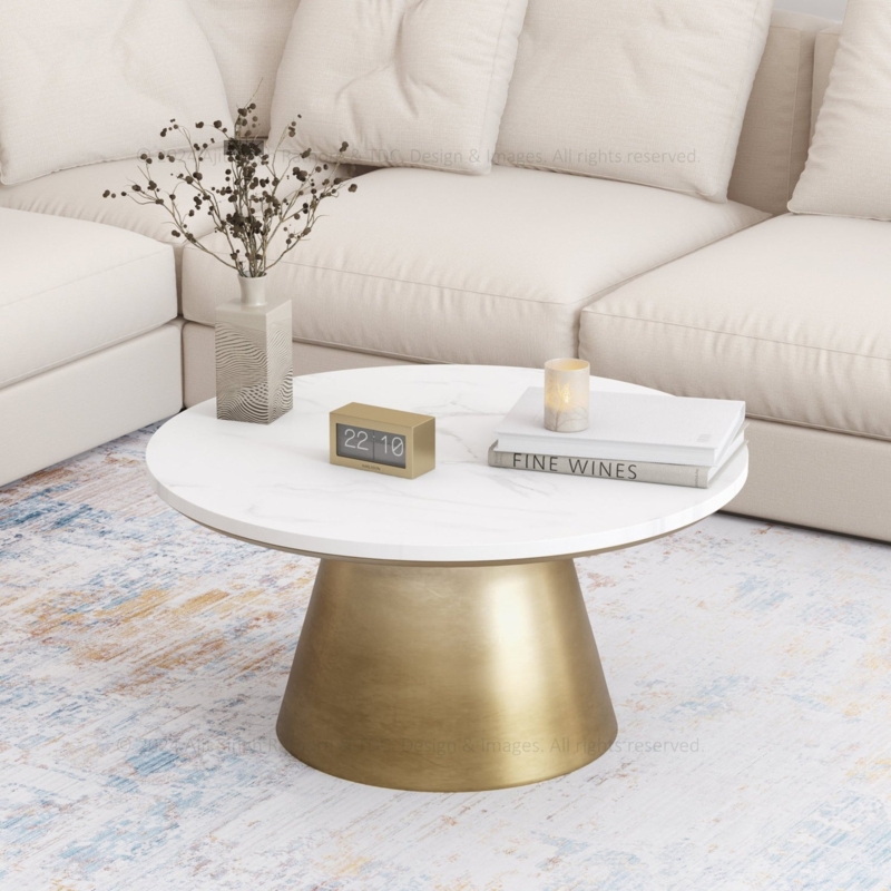Coffee Table Round Marble Look Top Tapered Metal Base