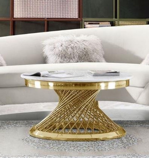 Coffee Table Round Marble Top Gold Twisted Rod Sculptural Base