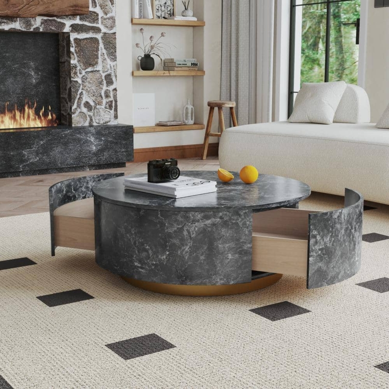 Coffee Table Round Marble Top Integrated Drawers Gold Base Storage