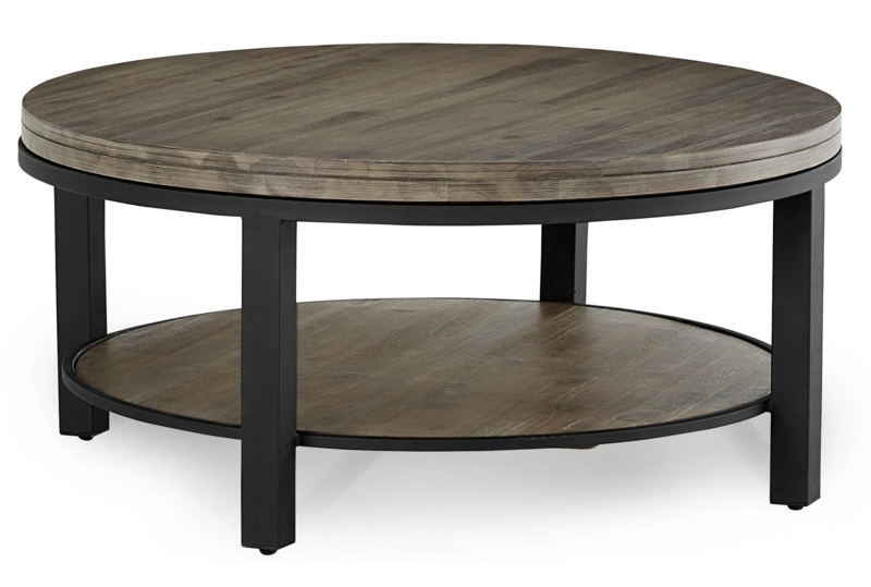 Coffee Table Round Metal Frame Washed Gray Wood Industrial Shelf