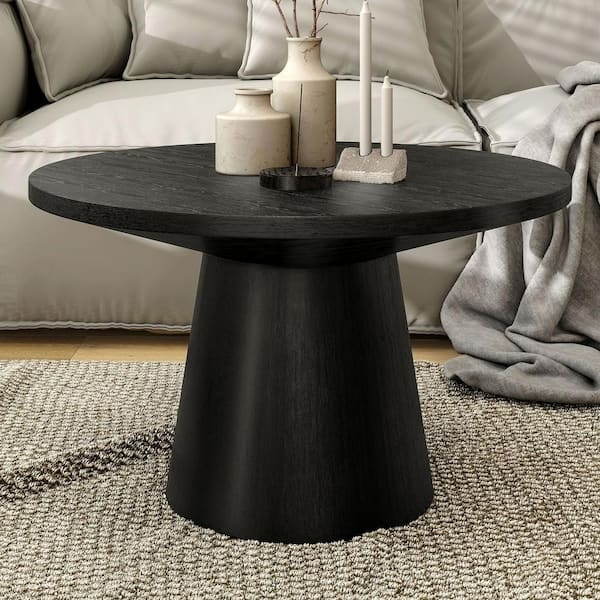 Coffee Table Round Minimalist with Cone Pedestal Base, Matte Black Wood