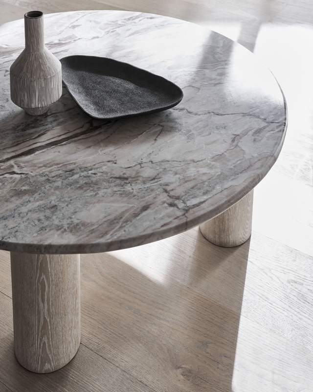 Coffee Table Round Modern Marble Top Thick Cylindrical Wood Legs