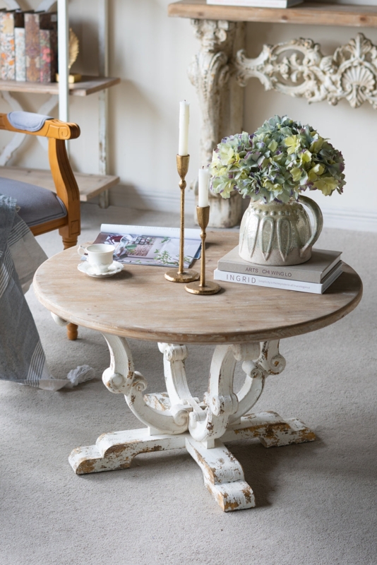 Coffee Table Round Multicolor Slat Top Scrollwork Legs Shabby Chic