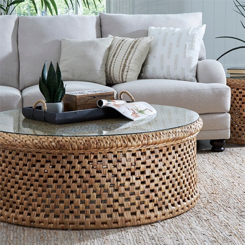 Coffee Table Round Open Weave Rattan Base Glass Top Braided Rim Tan