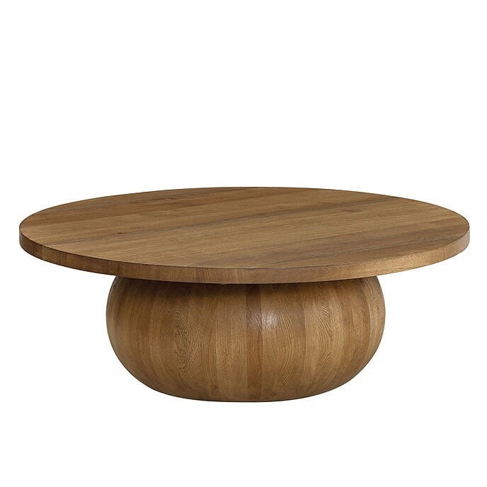 Coffee Table Round Organic Modern with Bulbous Pedestal Base, Wood Tone