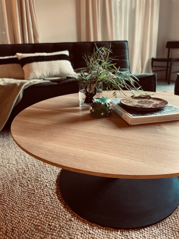 Coffee Table Round Pedestal Base Low Profile Minimalist White Oak