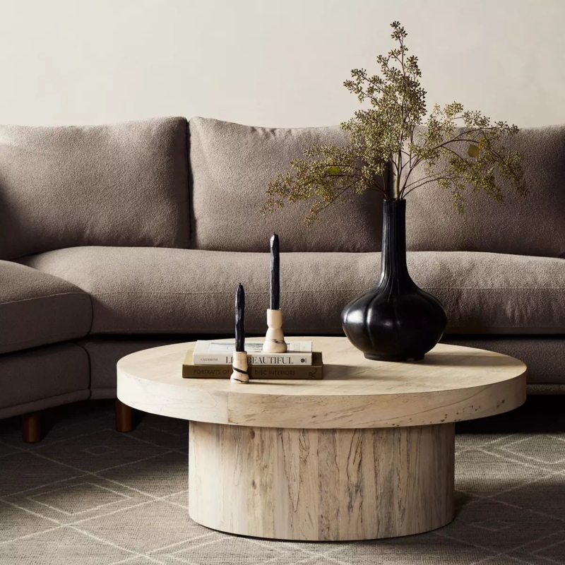Coffee Table Round Pedestal Base with Whitewashed Finish and Thick Top