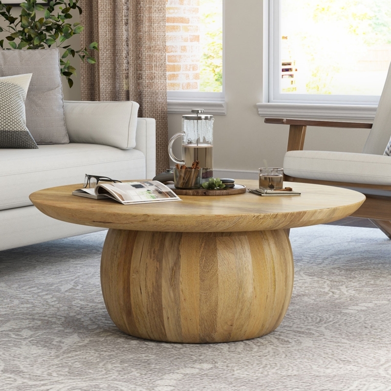 Coffee Table Round Pedestal In Honey Wood, Modern Rustic Style