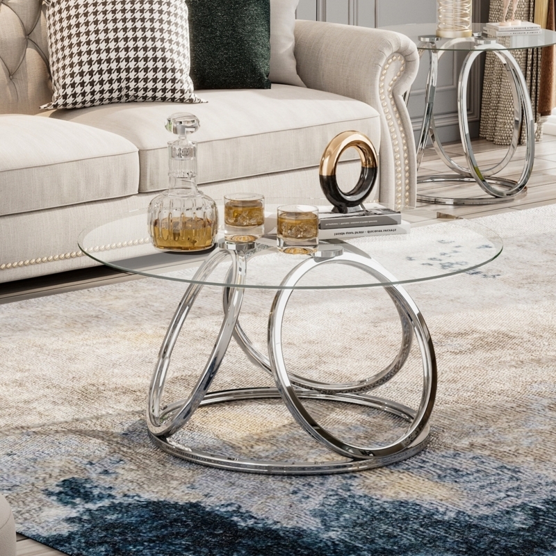 Coffee Table Round Polished Chrome Interlocking Rings Glass