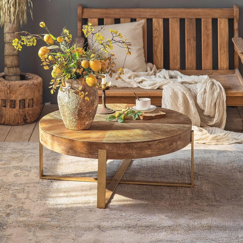 Coffee Table Round Radiating Wood Grain Top Gold X-Base Cross Leg
