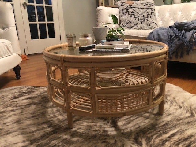 Coffee Table Round Rattan Woven Cane Shelf Sunburst Pattern Glass Top