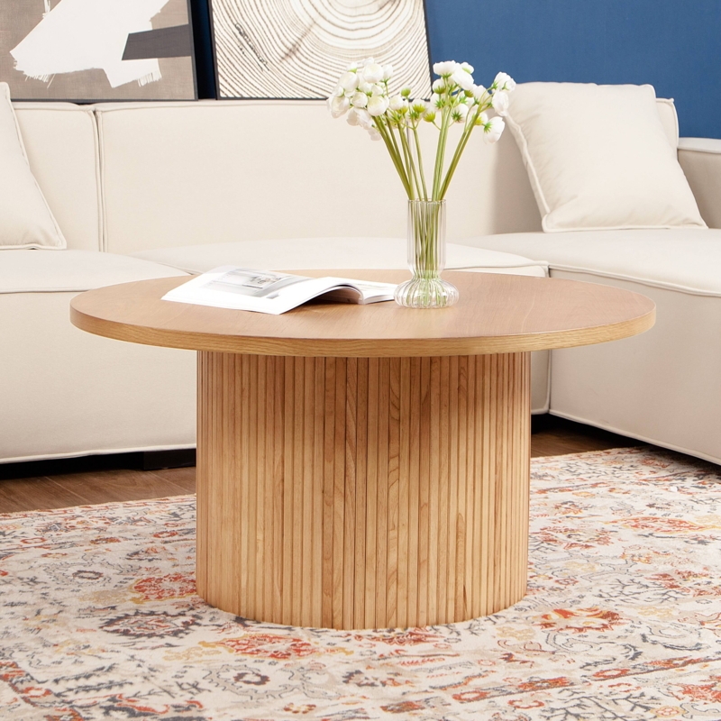 Coffee Table Round Ribbed Pedestal Base Natural Oak Finish Center