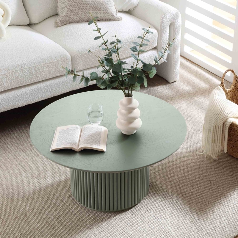 Coffee Table Round Ribbed Pedestal Matte Sage Green Base Wood Grain
