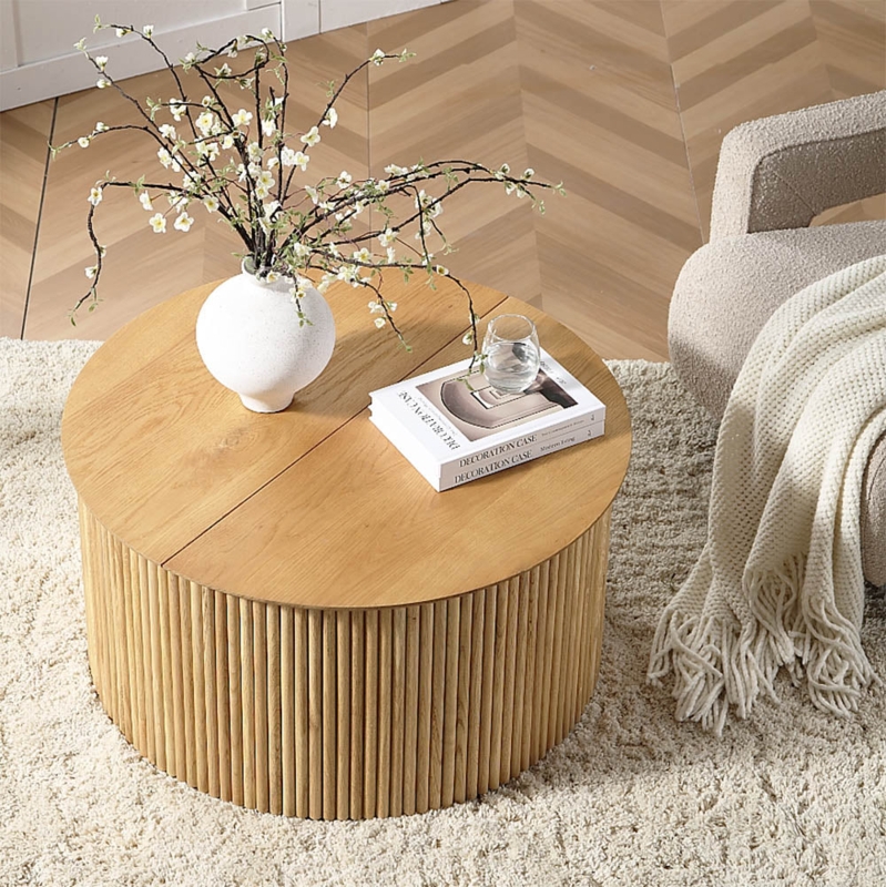 Coffee Table Round Ribbed Tambour Base with Hidden Storage Japandi Oak