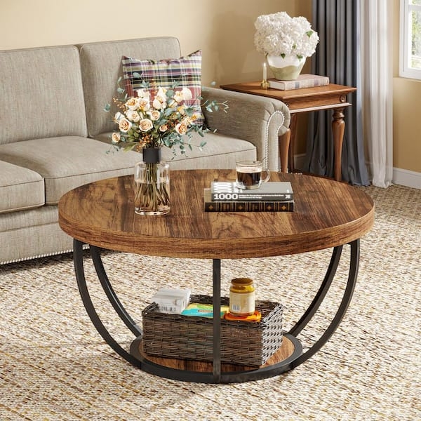 Coffee Table Round Rustic Wood Curved Metal Base With Storage Shelf