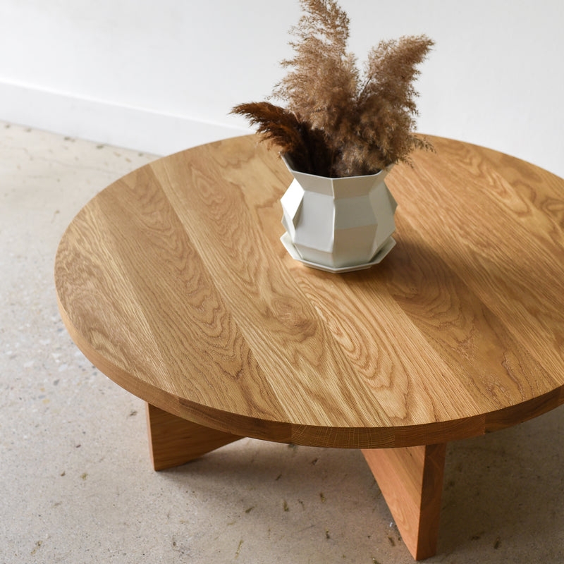 Coffee Table Round Sculptural Cross Base Thick Wood Top Organic Style