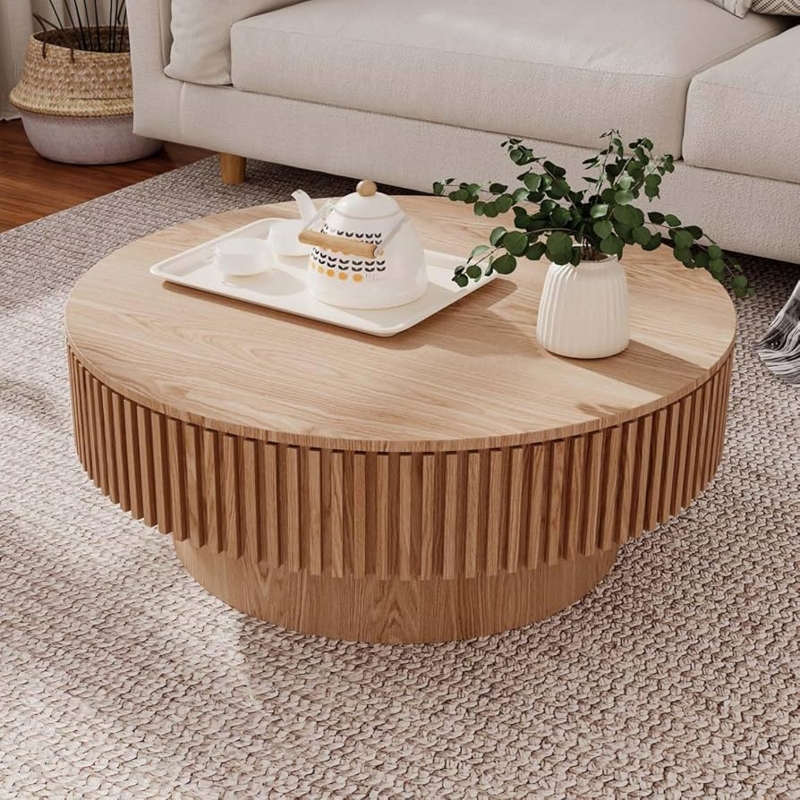 Coffee Table Round Slatted Drum Base Natural Oak Japandi Style