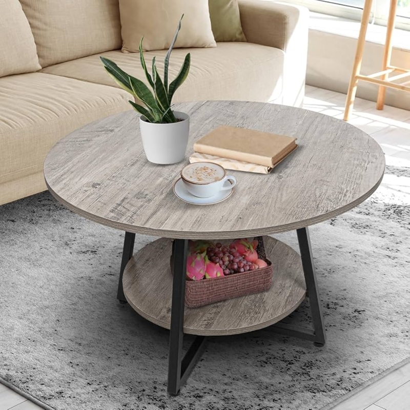 Coffee Table Round Small Two Tier Wash Gray Matte Black Metal Frame