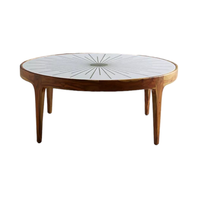 Coffee Table Round Starburst Top Brass Inlay Wood Tapered Legs