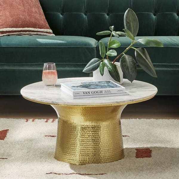 Coffee Table Round Stone Like Marble Top Hammered Metal Pedestal Base